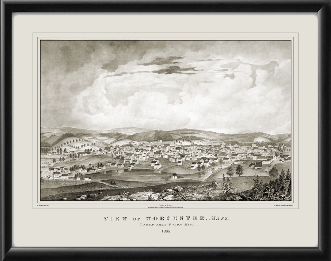 Worcester MA 1835 Black & White Map