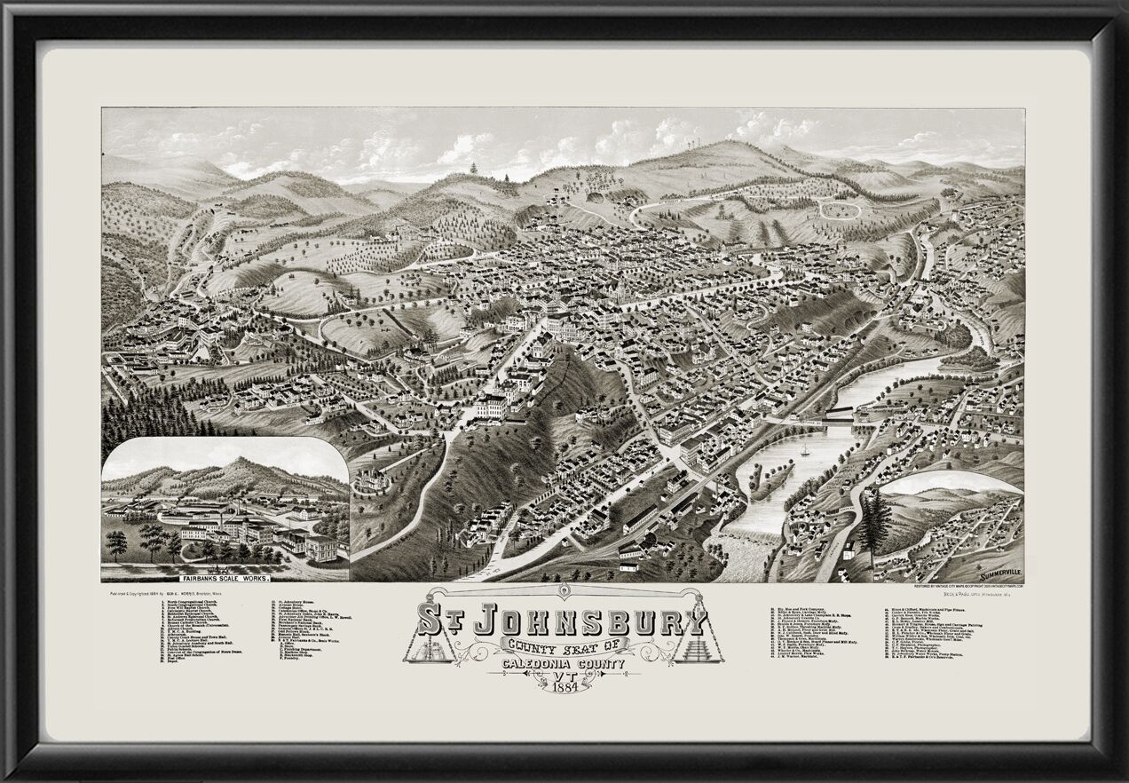 St. Johnsbury VT 1884 George Norris TM Birds Eye View Map