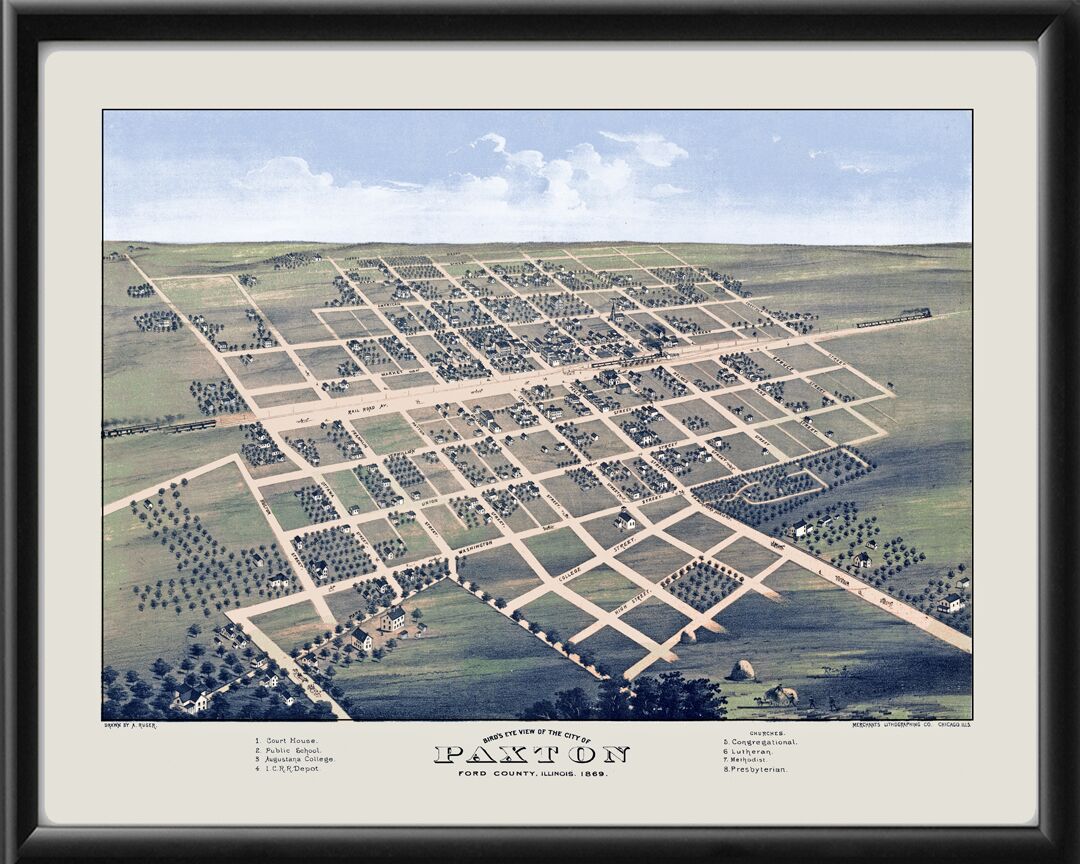 Paxton IL 1869 Albert Ruger TM Bird's Eye View Map