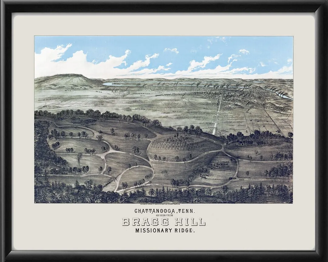 Chattanooga TN 1887 as seen from Bragg Hill, Missionary Ridge TM Birds Eye View Map