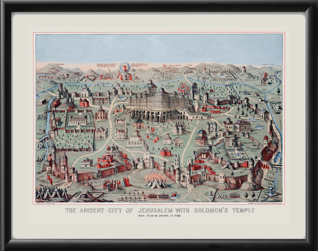 Jerusalem Israel Ancient City 1871 Birds Eye View Map