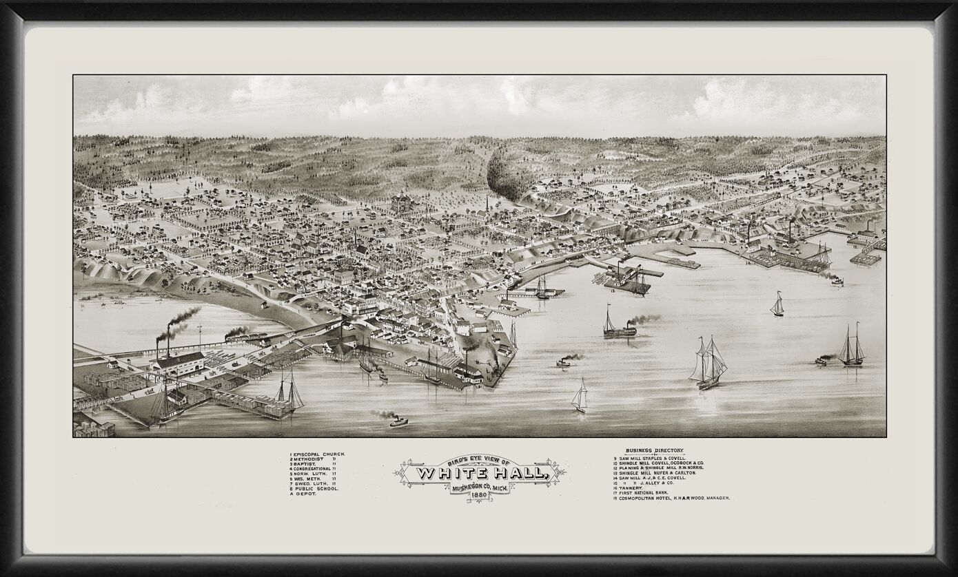 Restored bird's eye view map of Whitehall, Michigan, 1880.