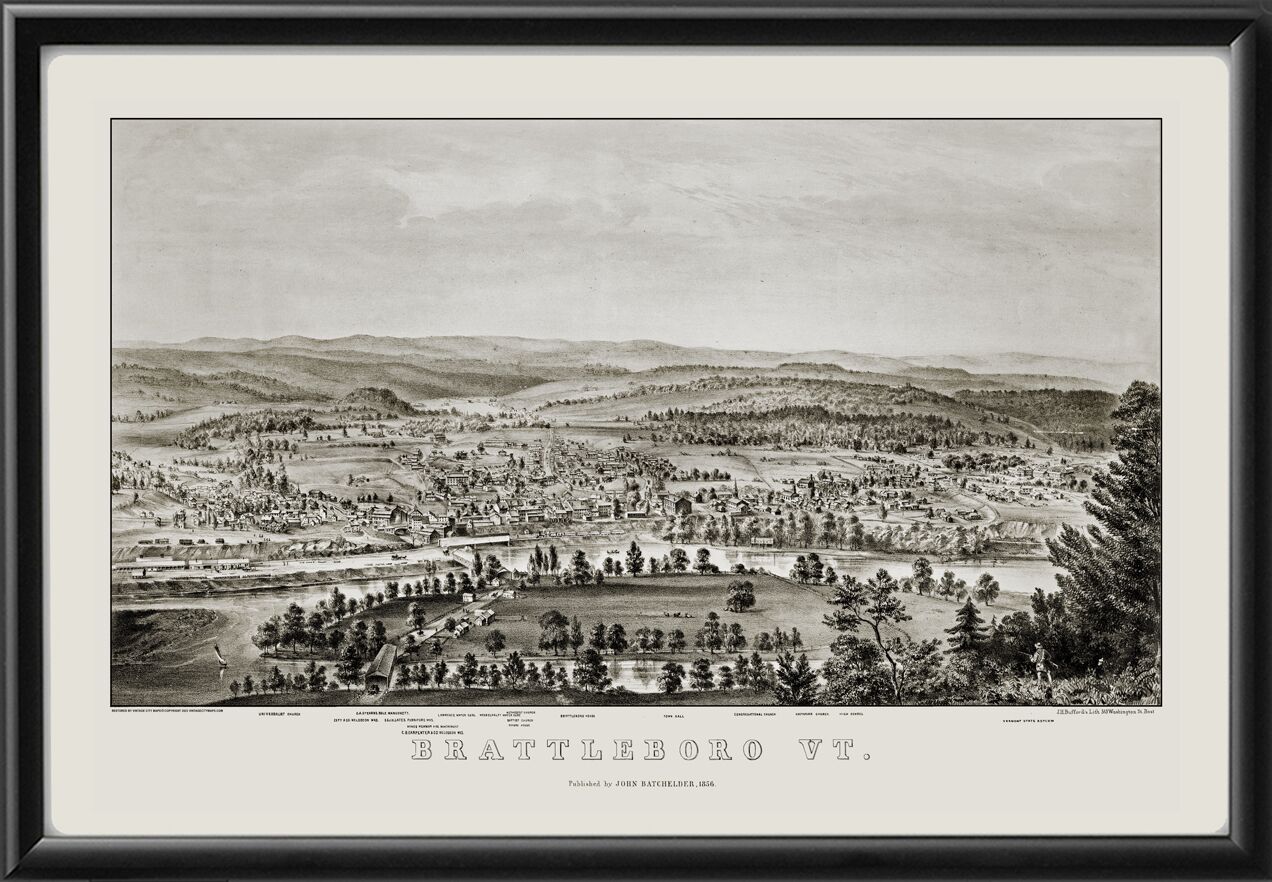 Brattleboro VT 1856 John Batchelder TM Birds Eye View Map