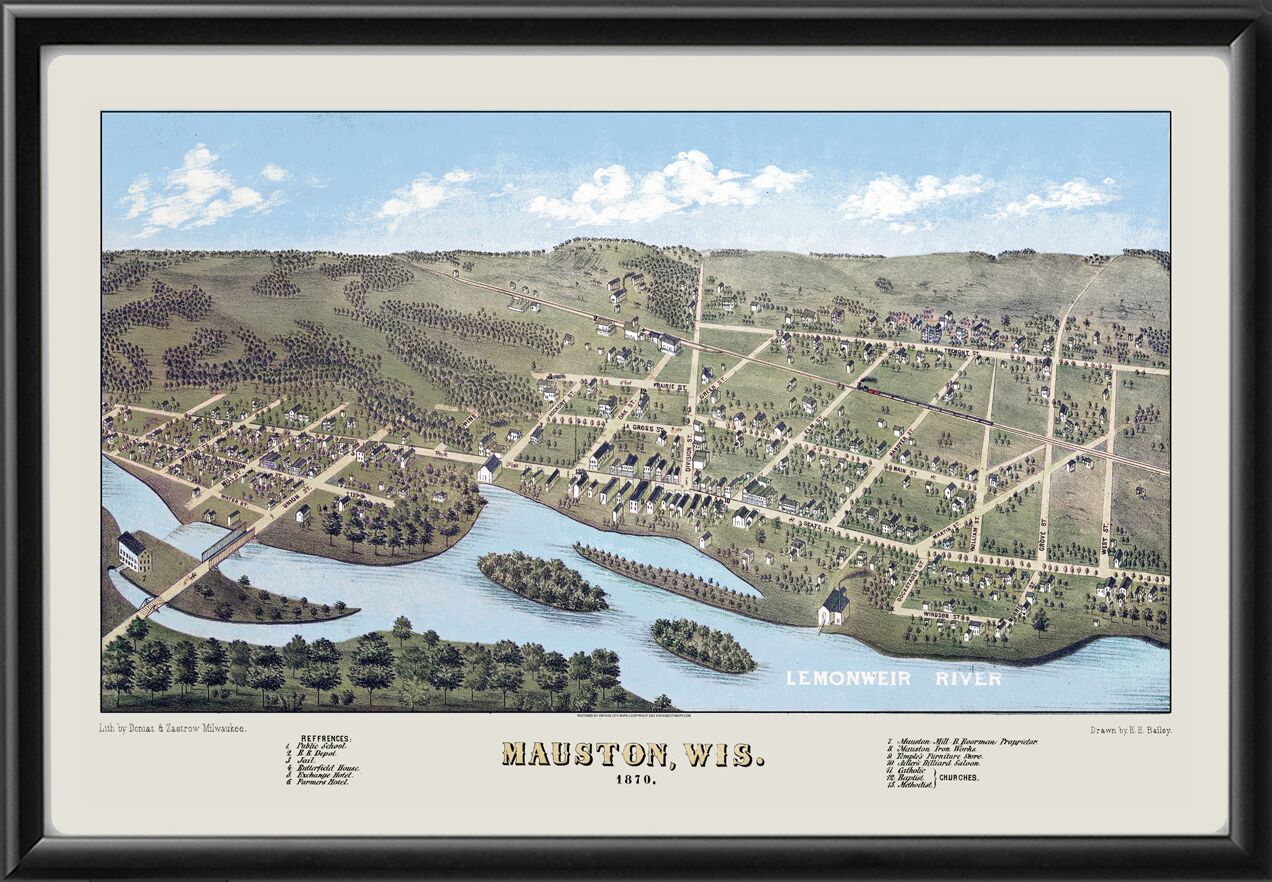 Mauston WI 1870 H.H. Bailey TM Bird's Eye View Map