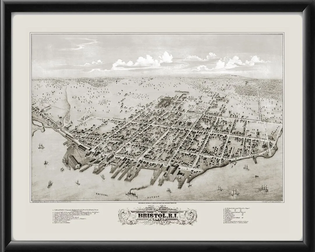Bristol RI 1877 Bailey & HazenTM Birds Eye View Map