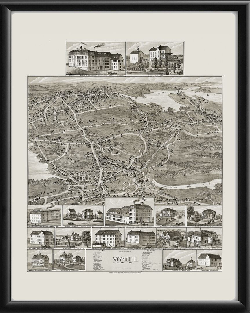 Weymouth MA 1880 Birds Eye View Map