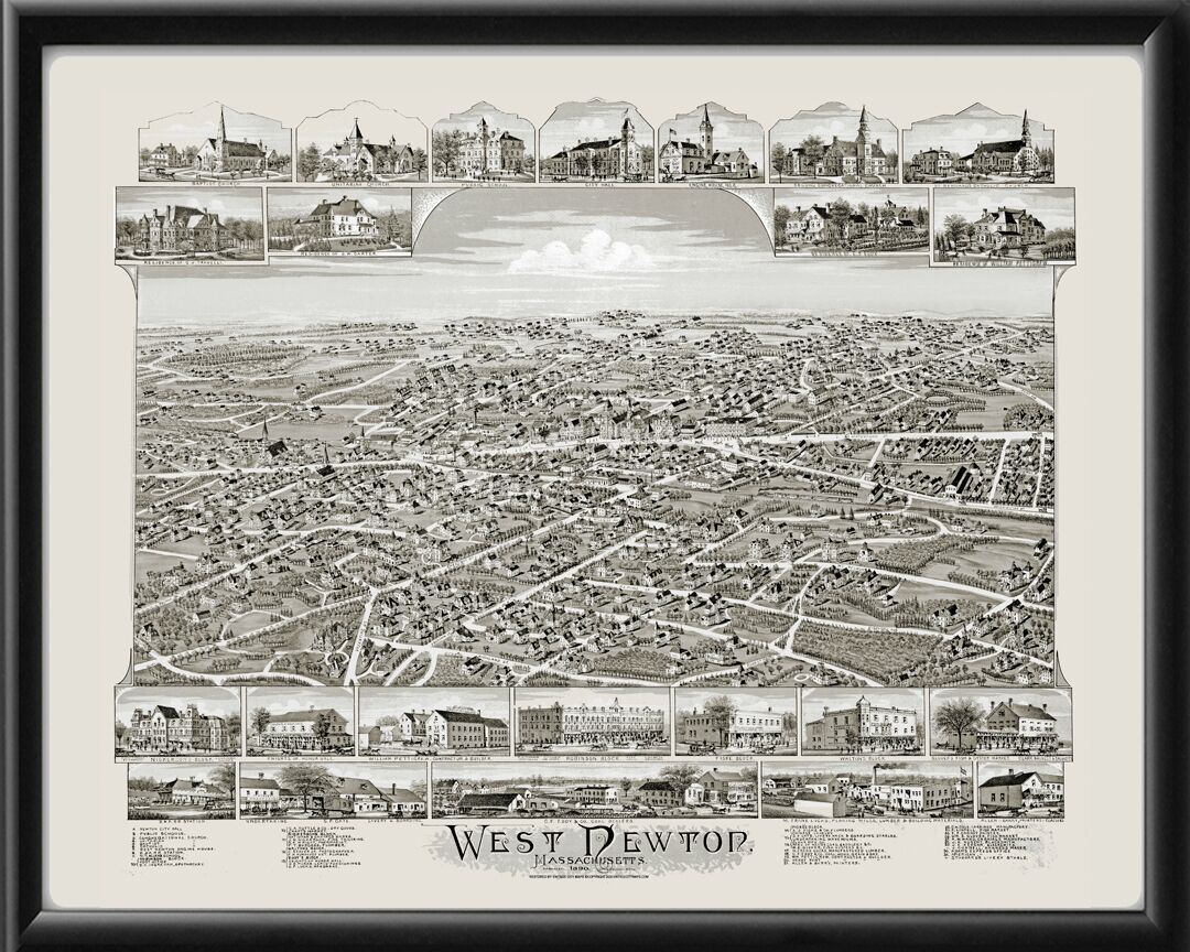 West Newton MA 1890 OHBailey TM Bird's Eye View Map