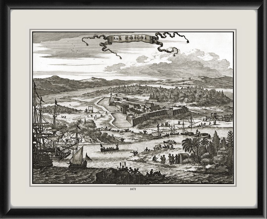 Restored bird's eye view of Arx Carolina (Fort Carolina), on the St. Johns River, Florida, 1671 by Arnoldus Montanus, depicting an ancient fortified French Huguenot settlement in the Jacksonville, Florida area during the 16th century.