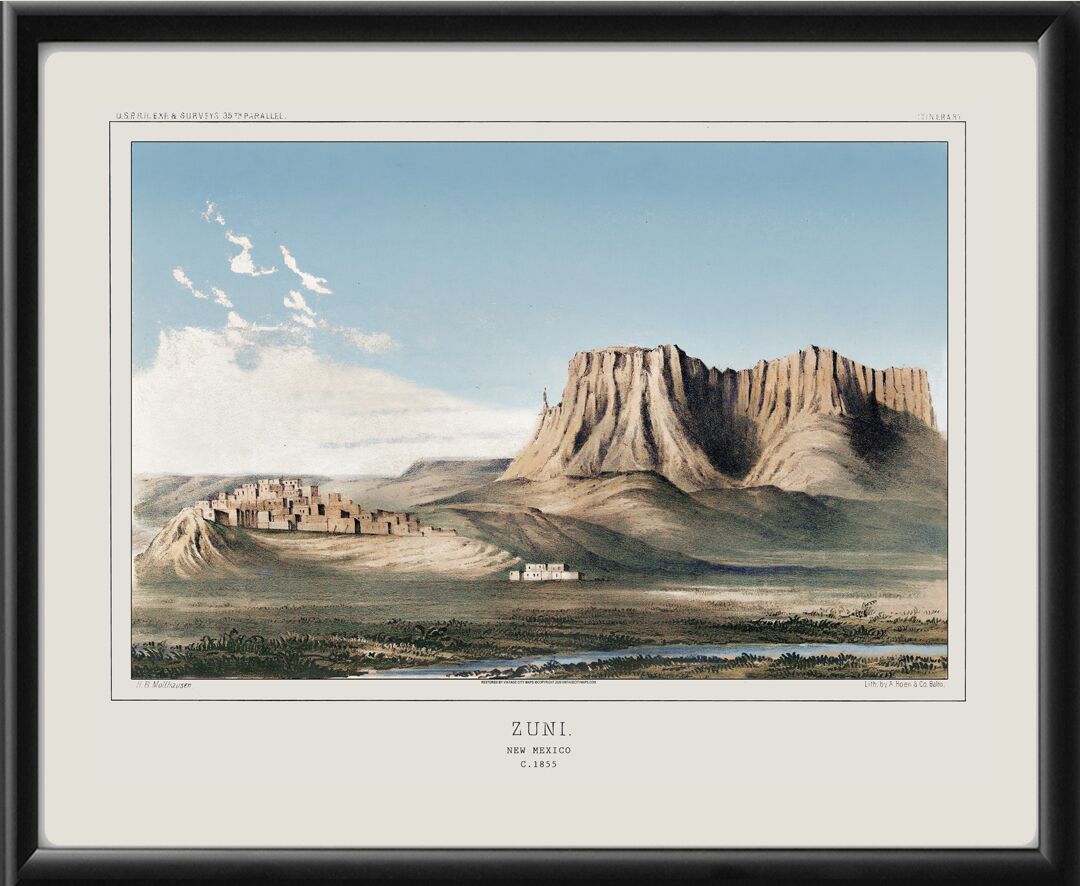 Zuni Pueblo NM 1855 Birds Eye View Map