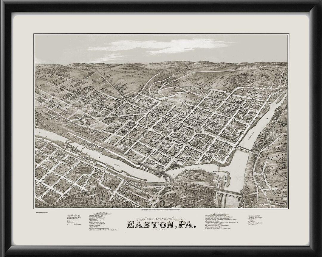 Easton PA 1873 Fowler & Bailey Birds Eye View Map