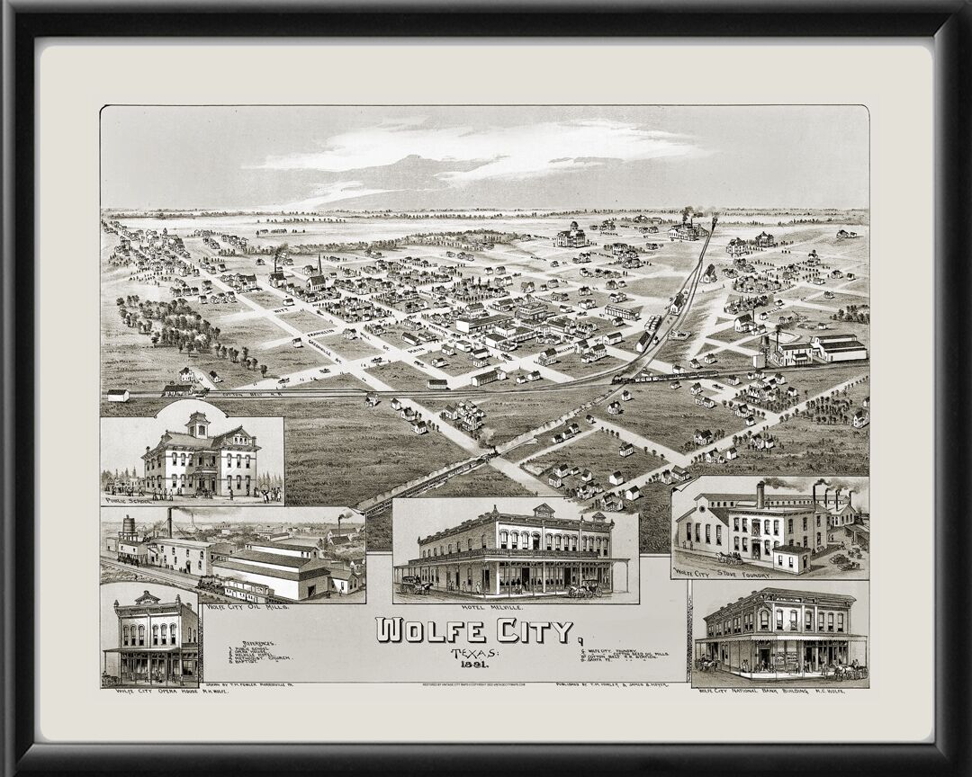 Wolfe City TX 1891 Fowler TM Birds Eye View Map