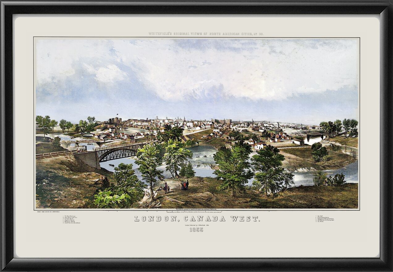 London Ontario Canada 1855 Color Edwin Whitefield TM Bird's Eye View Map