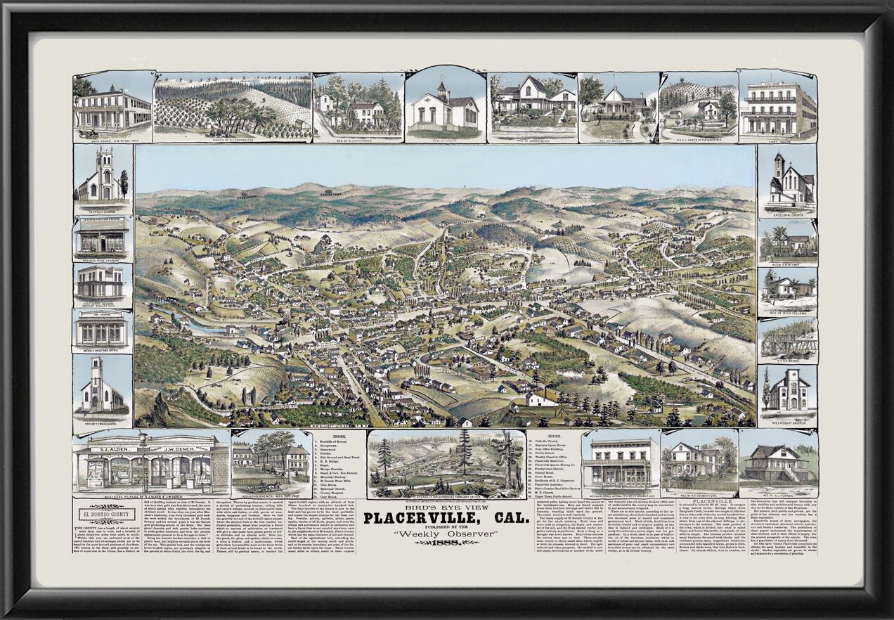 Placerville CA 1888 L. Roethe Color TM Bird's Eye View Map
