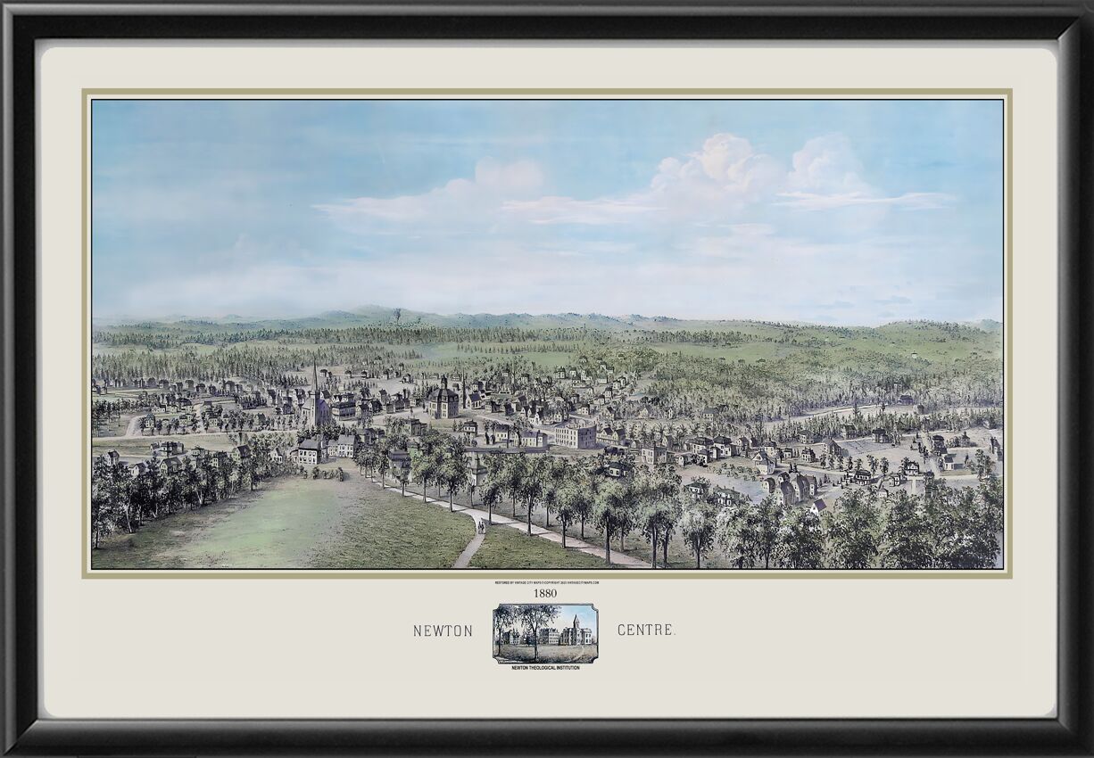Newton Centre MA 1880 Bird's Eye View Map