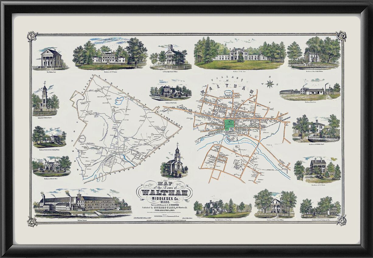 Waltham MA 1854 surveyed & drawn by E.M. Woodford TM
