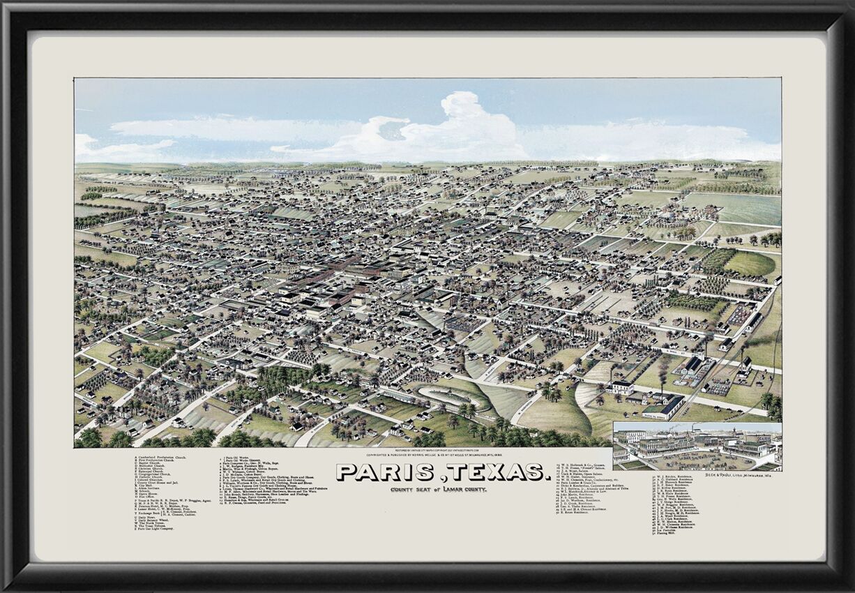 Paris TX 1885 Birds Eye View Map (Color)