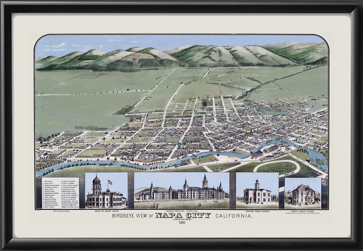Napa CA 1880 (Color) Birds Eye View Map