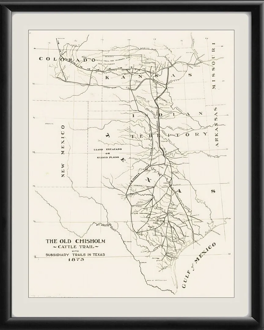 Old Chisholm Trail - Texas-Kansas 1873 Birds Eye View Map