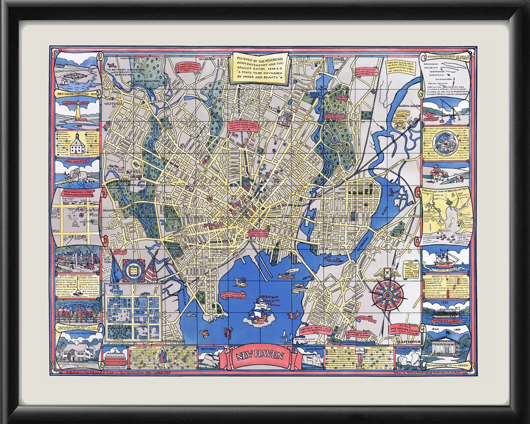 New Haven CT 1928 Birds Eye View Map