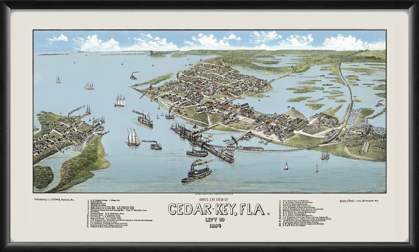 Cedar Key FL 1884 Birds Eye View Map