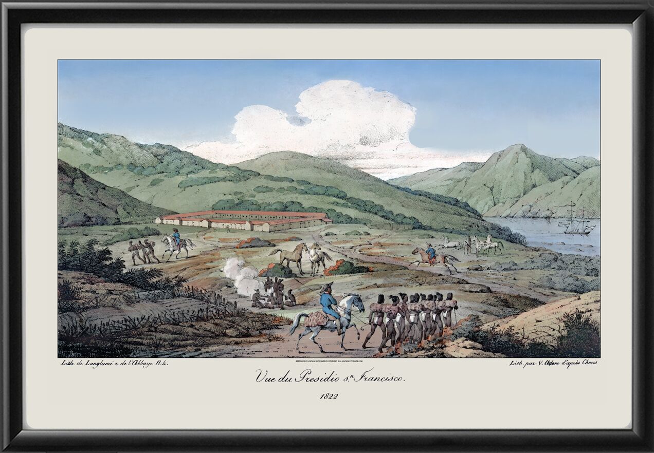 Presidio at San Francisco 1822 Louis Choris drawn on stone by Victor-Jean Adam TM applied watercolor