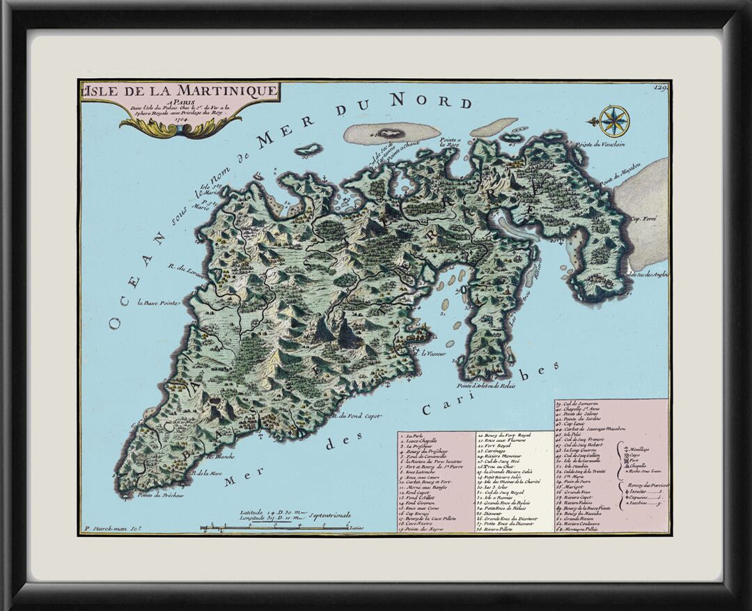 Isle de Martinique Nicolas de Fer 1704 Restored Birds Eye View Map