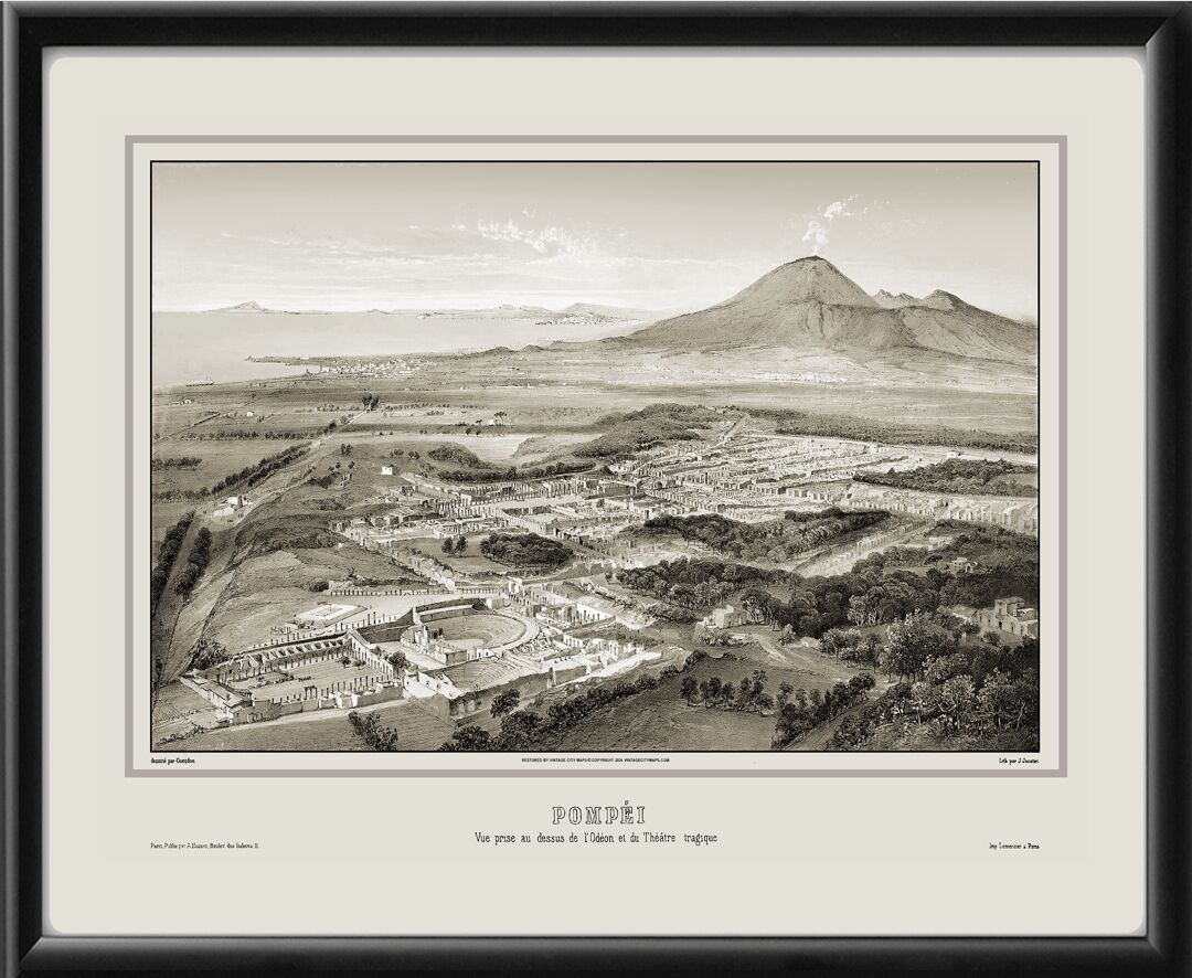 Pompeii Italy Alfred Guesdon 1852 Birds Eye View Map