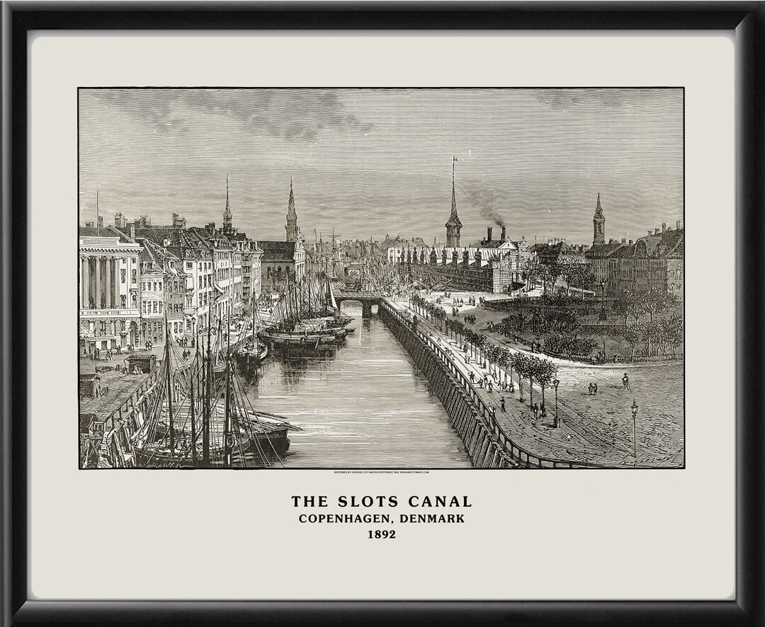 Copenhagen Denmark 1892 - The Slots Canal Birds Eye View Map