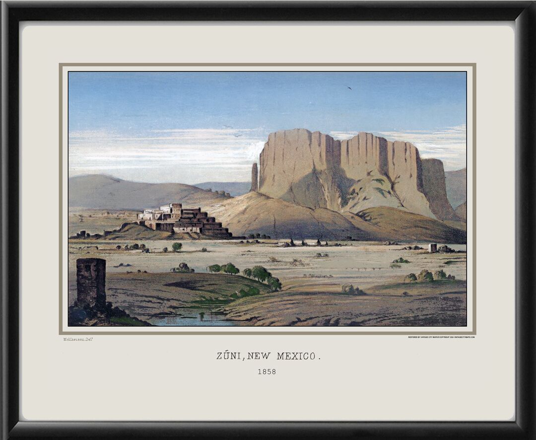 Zuni Pueblo NM 1858 Birds Eye View Map