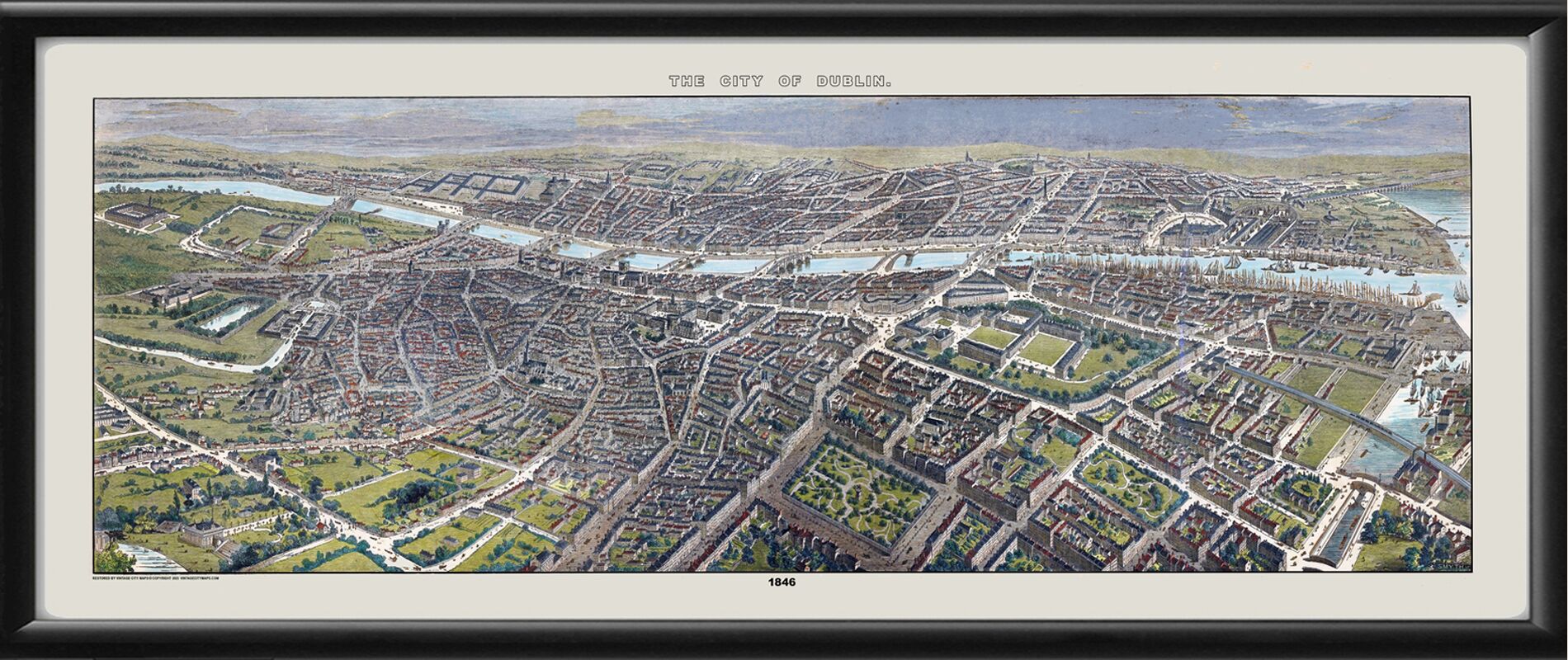 Aerial View of the City of Dublin from the South East 1846 John Smyth ILN View from the Royal Hospital to the Grand Canal Harbour and looking north TM