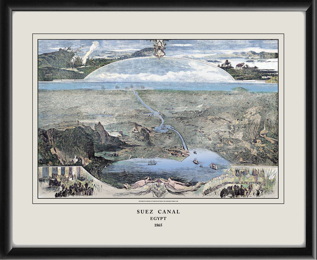 Restored bird's eye view map of the Suez Canal, Egypt, 1865