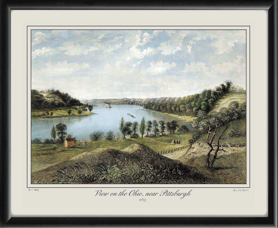 Restored bird's eye view of Pittsburgh, Pennsylvania, 1825 on the Ohio River, drawn by William Guy Wall
