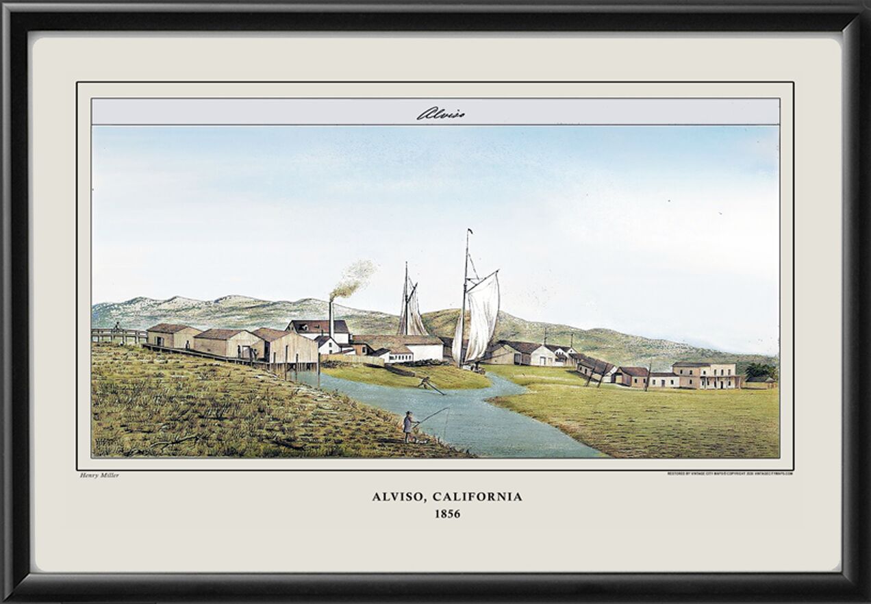 Restored panoramic view of Alviso (now part of San Jose), California, from the original sketch by Henry Miller, 1856.