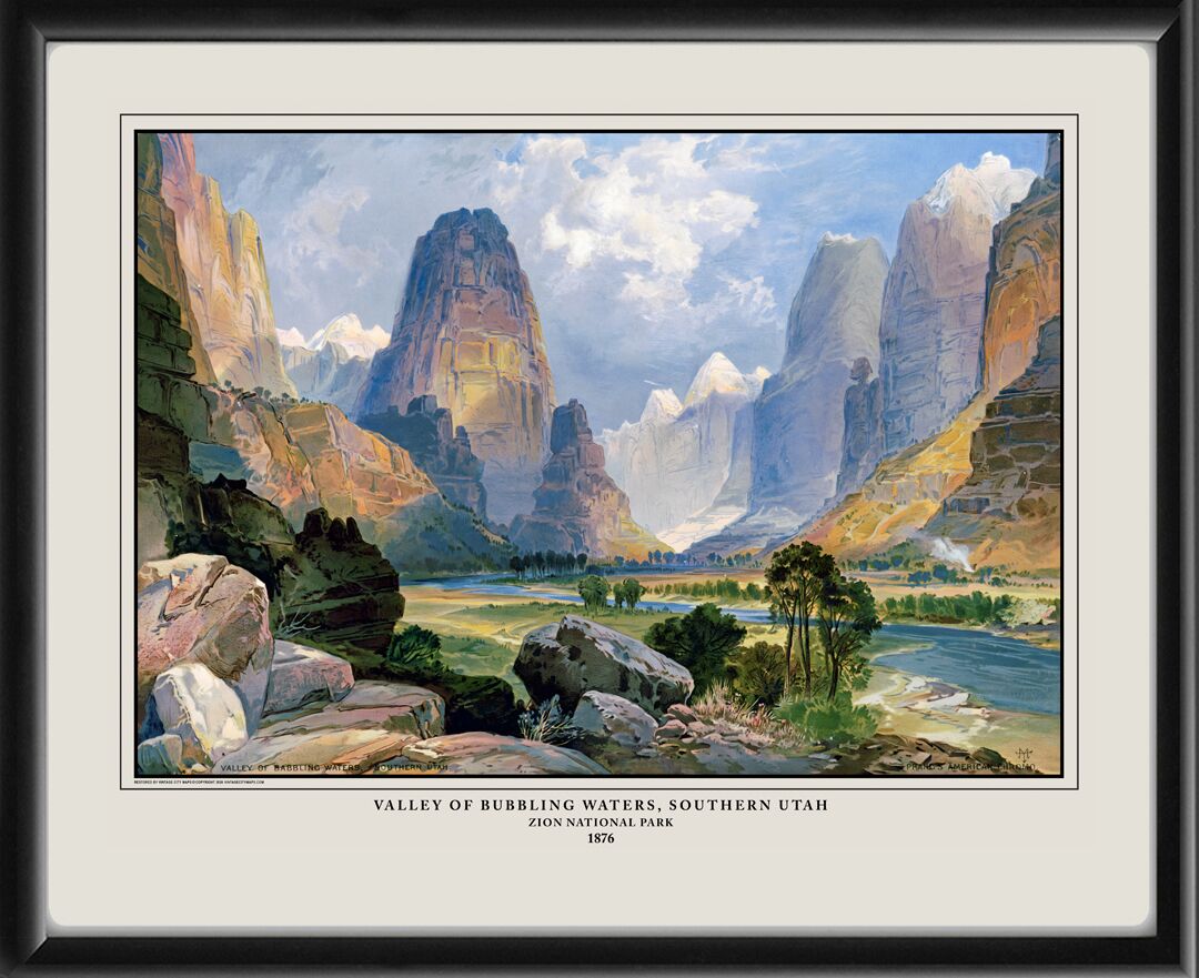 Zion National Park UT 1876 - Valley of Babbling Waters, Southern Utah gorge with the Virgin River Thomas Moran