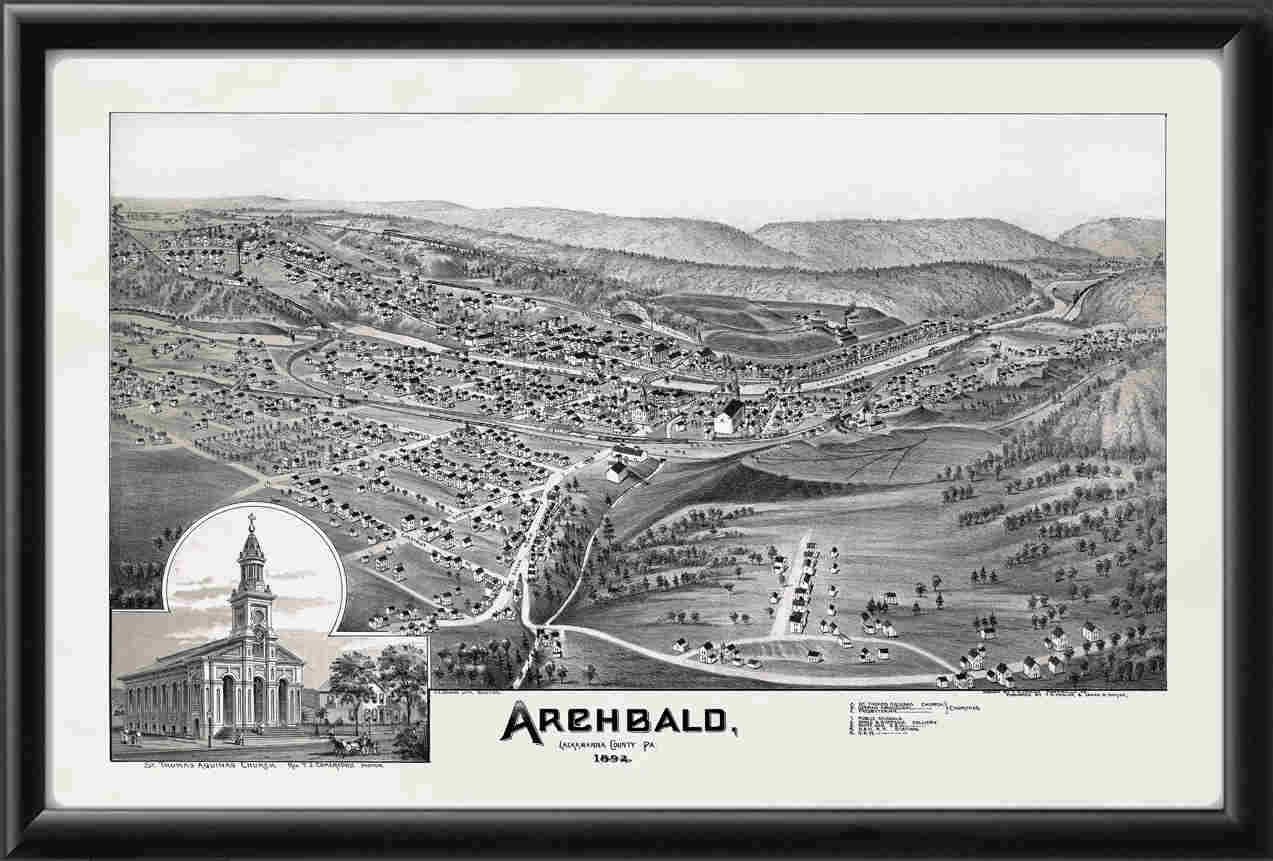 Vintage City Maps Bird's eye view map of Archbald, PA 1892