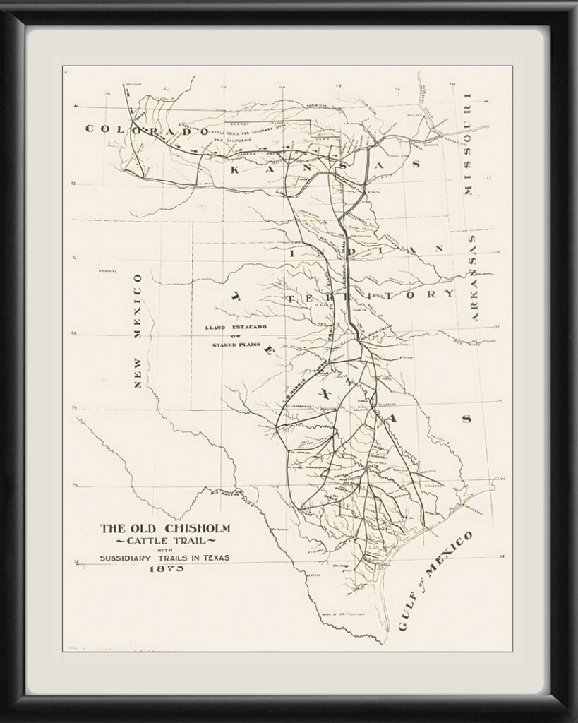 Old Chisholm Trail - Texas-Kansas 1873 Restored Map | Vintage City Maps