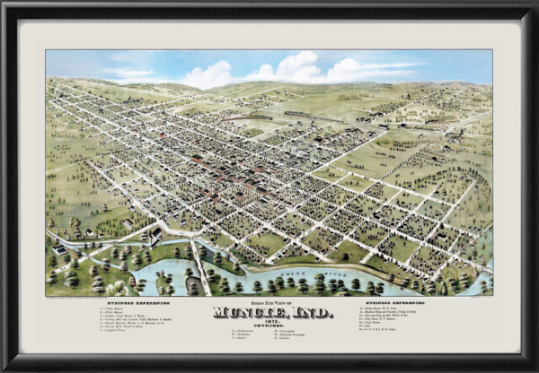 Muncie IN 1872 Restored Birds Eye View Map