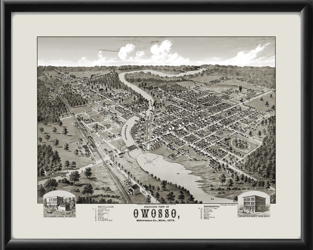 Owosso, MI 1873 - Restored Bird's Eye View Map | Vintage City Maps