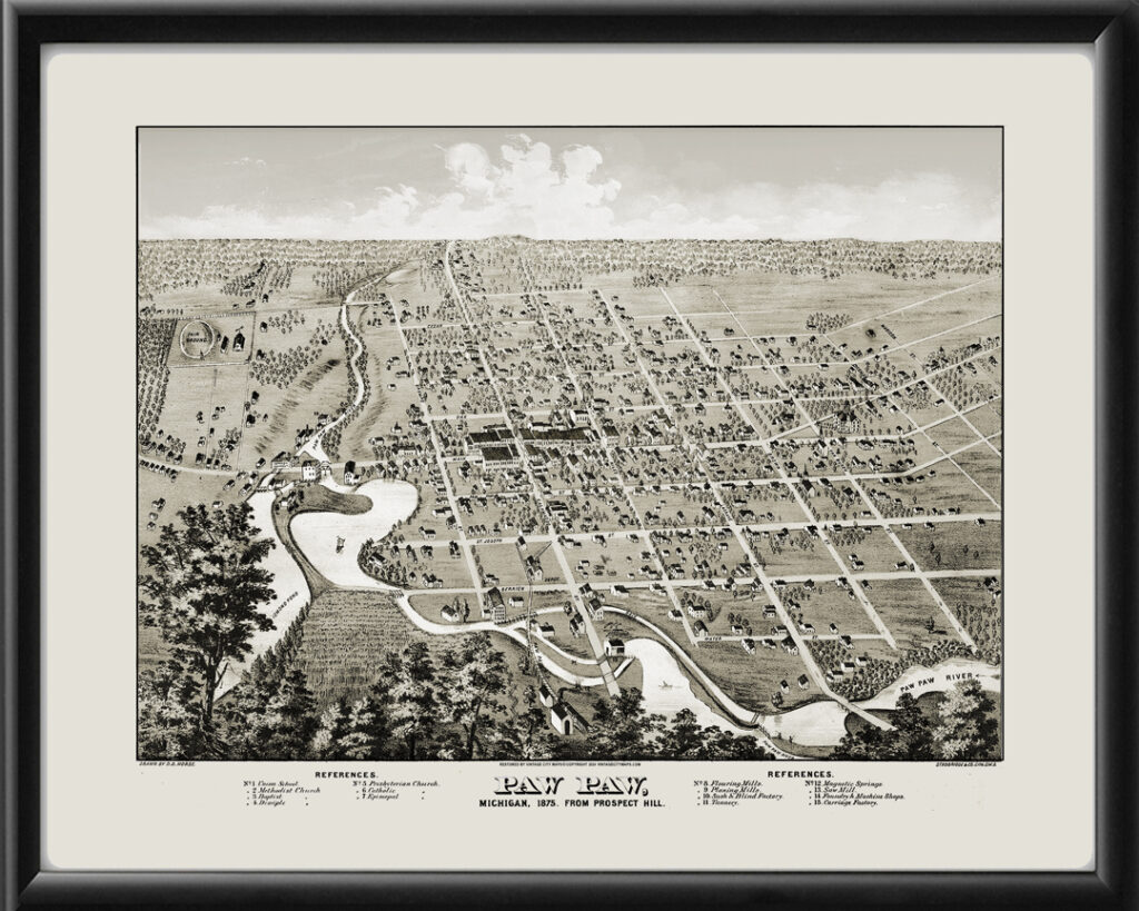 Paw Paw, Michigan 1875 - Restored Bird's Eye View Map | Vintage City Maps