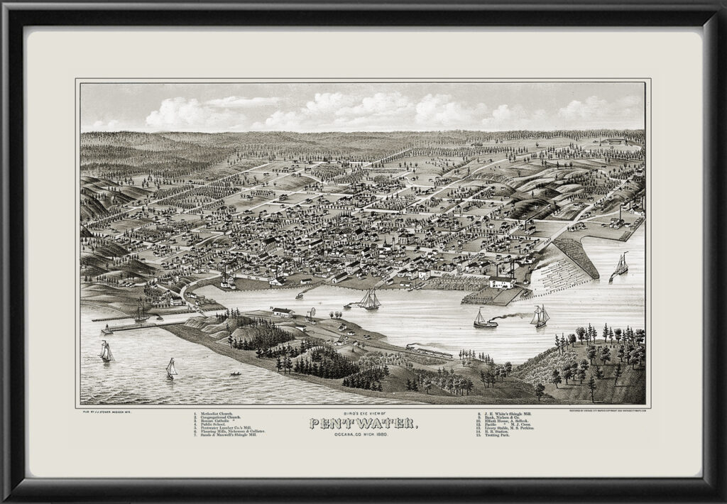 Pentwater MI 1880 - Restored Bird's Eye View Map | Vintage City Maps